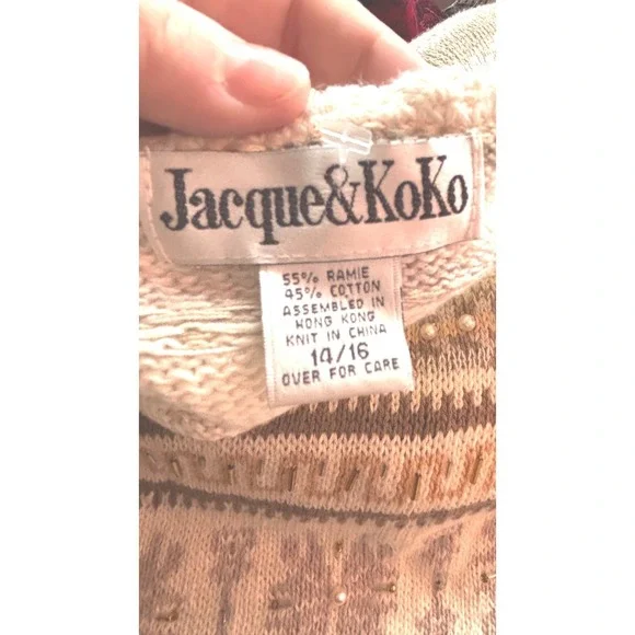 Vintage cottagecore LONG knit Women's Sweater 14 16 Beige Embellished grandmacor - Picture 4 of 14